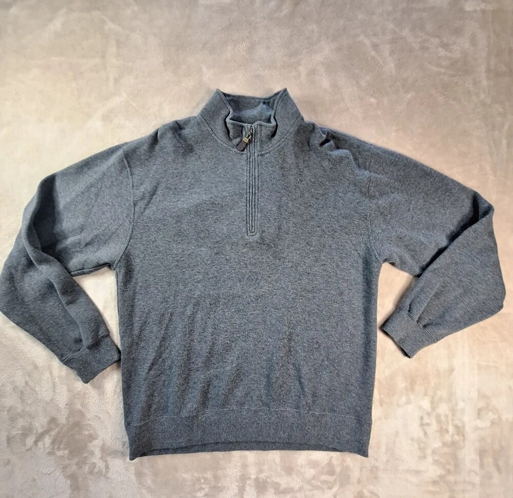 Orvis Sweater Mens Large Gray 1/4 Zip Mock Neck Cotton Knit Pullover Fly Logo